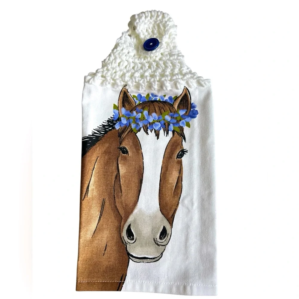 Hand Crafted Hanging Kitchen Hand Towel Colorful Farmhouse Horse Crochet Top